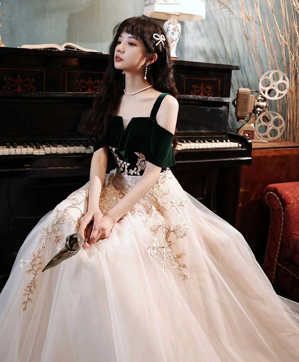 A line Green Tulle Lace Long Prom Dress, Green Formal Evening Party Dress - Deanwangkt