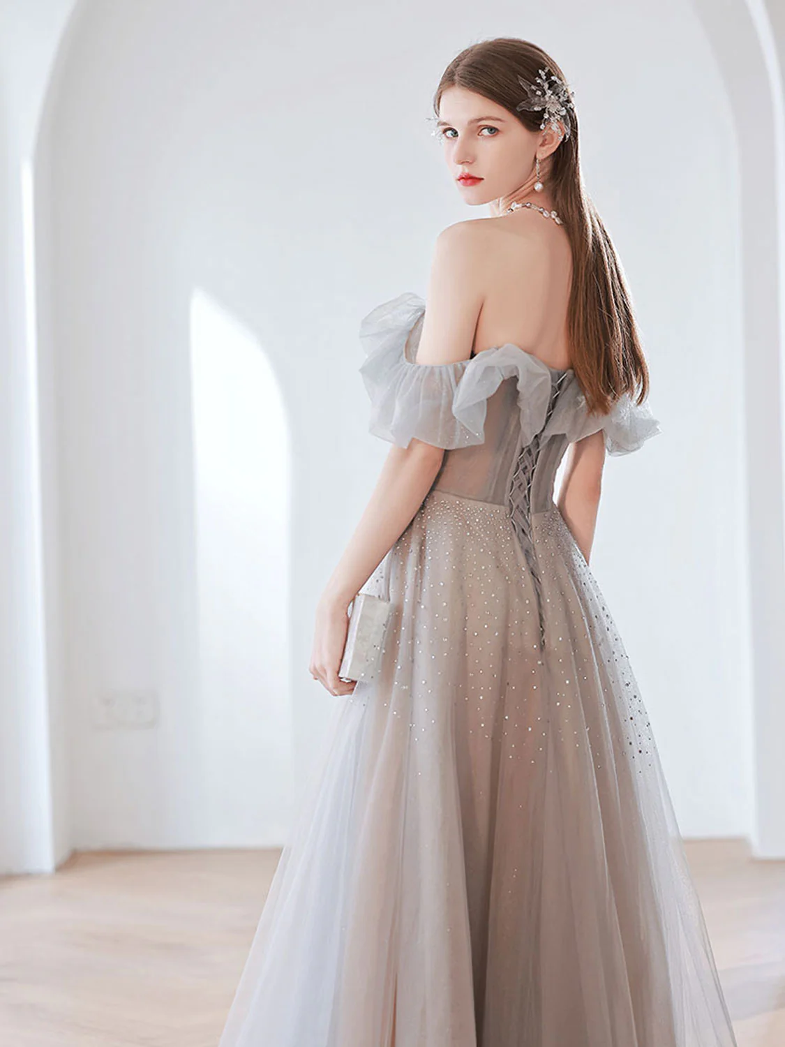 Elegant Gray Tulle Sequin Long Prom Dress, Gray Tulle Evening Dresses - Deanwangkt