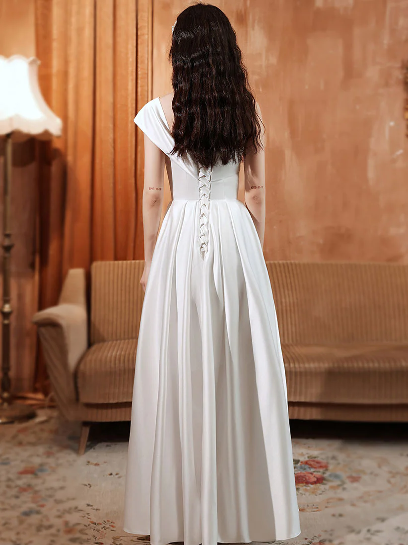 White A line Satin Long Prom Dress, White Satin Long Formal Evening Dress - Deanwangkt