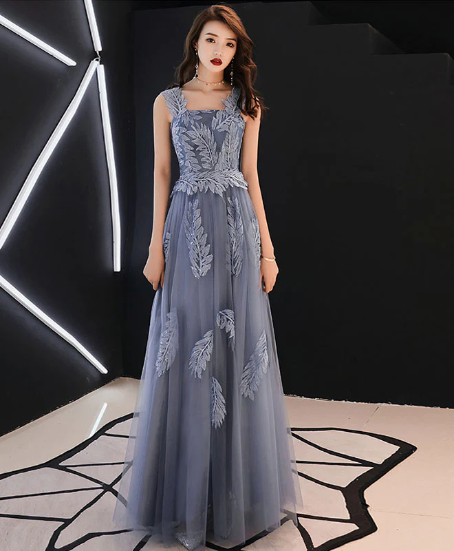 Gray Blue Tulle Lace Long Prom Dress, Gray Blue Tulle Evening Dress - Deanwangkt