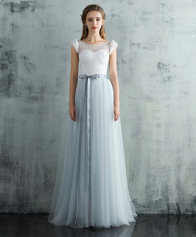 Cute Gray Tulle Lace Long Prom Dress, Gray Evening Dress - Deanwangkt