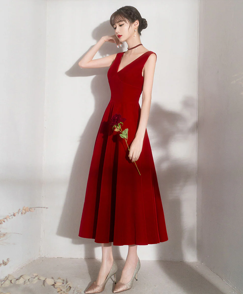 Burgundy V Neck Short Prom Dress, Burgundy Bridesmaid Dress - Deanwangkt