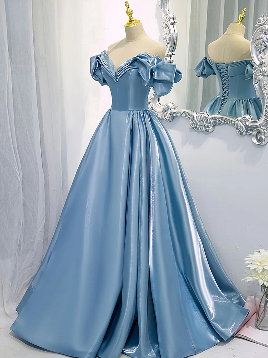 A-Line V Neck Satin Blue Long Prom Dress, Blue Formal Evening Dresses - Deanwangkt