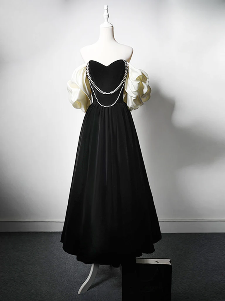 A-Line Velvet Tea Length Black Prom Dress, Tea Length Black Formal Dress - Deanwangkt