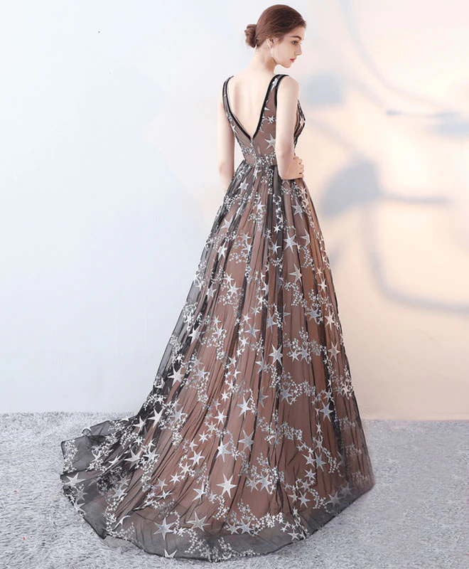 Cute Black V Neck Long Prom Dress, Black Long Evening Dress - Deanwangkt