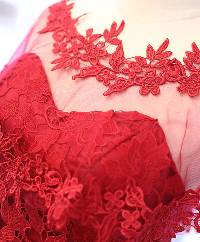 Red Round Neck Lace Tulle Short Prom Dress - Deanwangkt