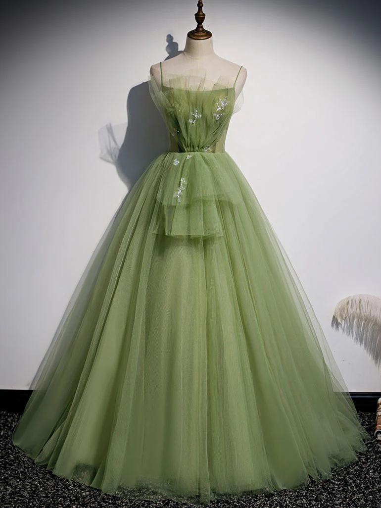 Aline Tulle Green Long Prom Dresses, Green Formal Graduation Dress with Beading - Deanwangkt