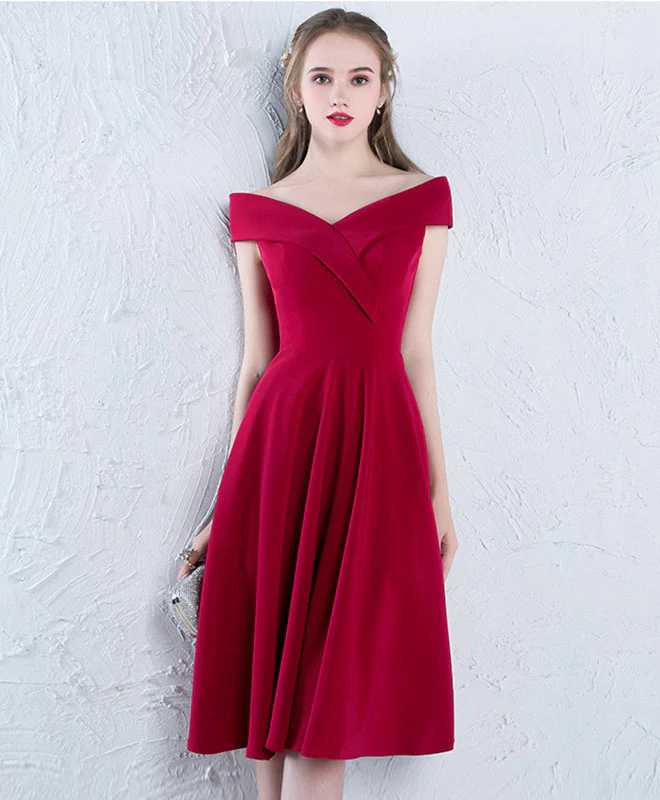 Burgundy Off Shoulder Satin Prom Dress, Burgundy Homecoming Dress - Deanwangkt