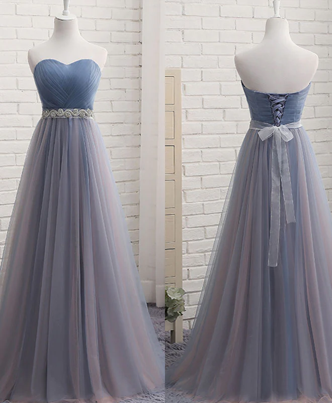 Simple Gray Blue Tulle Prom Dress, Gray Blue Bridesmaid Dress - Deanwangkt