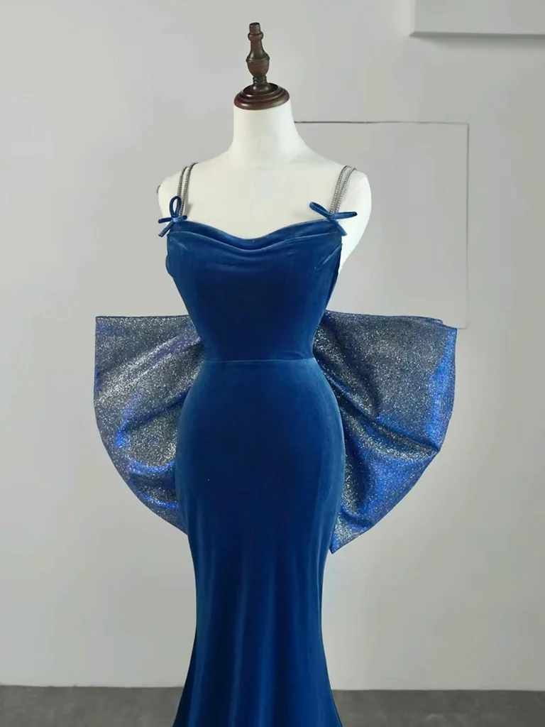 Simple Velvet Blue Mermaid Long Prom Dress, Backless Velvet Blue Evening Dress - Deanwangkt