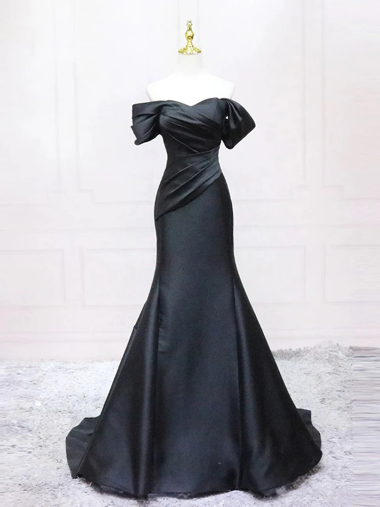 Mermaid Off Shoulder Satin Black Long Prom Dress, Black Long Formal Dress - Deanwangkt