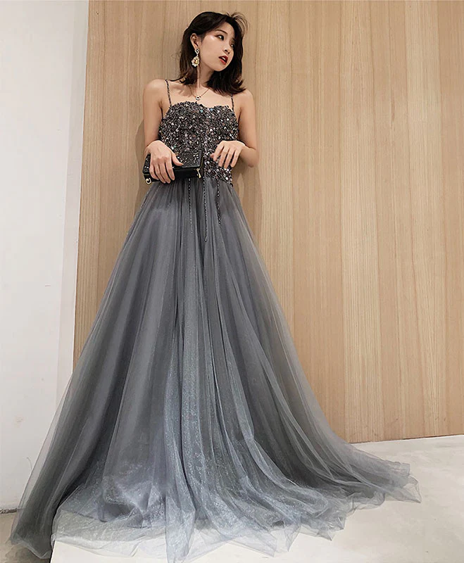 Gray Tulle Sequin Long Prom Dress Gray Tulle Formal Dress - Deanwangkt