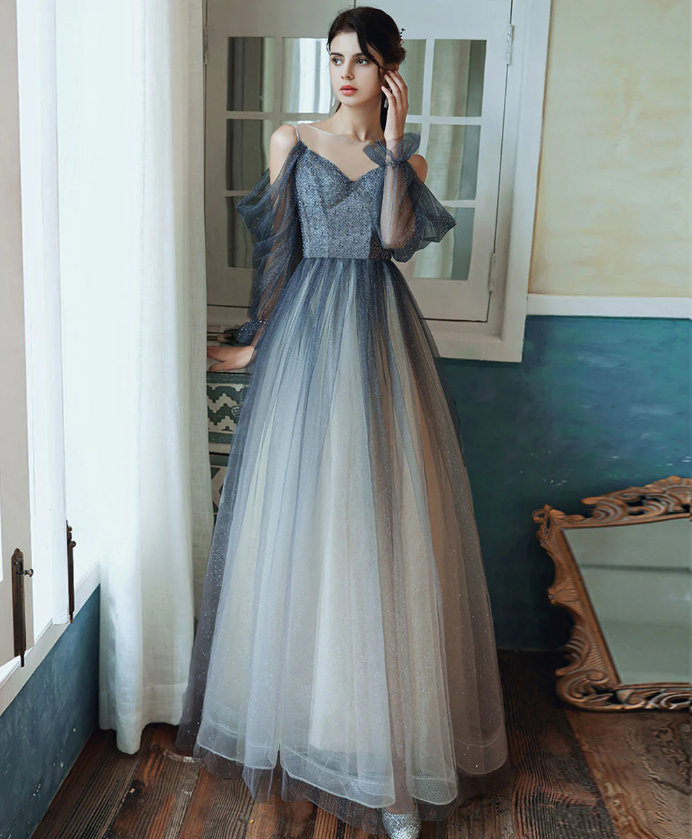 Blue Tulle Sequin Long Prom Dress Blue Tulle Formal Dress - Deanwangkt