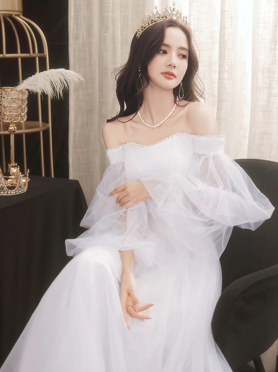 Simple White Tulle Long Prom Dress, White Formal Dresses - Deanwangkt