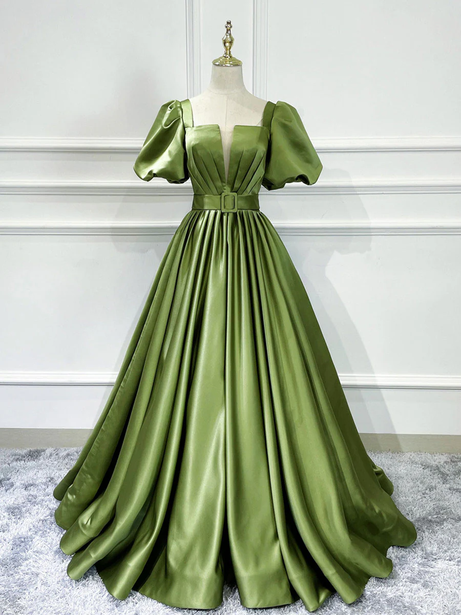 A line Satin Long Green Prom Dresses, Green Formal Evening Graduation Dresses - Deanwangkt