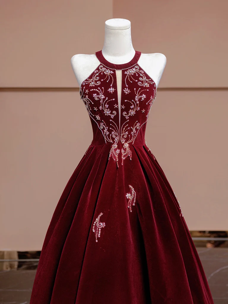 A-Line Velvet Beads Sequin Burgundy Long Prom Dress, Burgundy Long Formal Dress - Deanwangkt