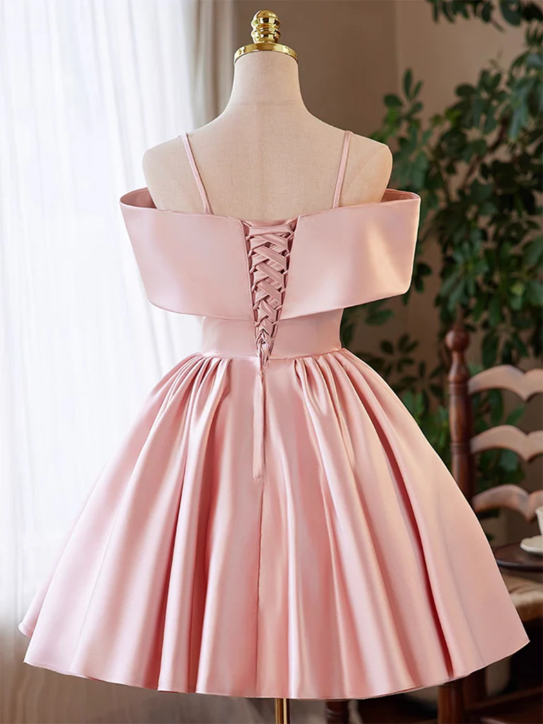 A-line Off Shoulder Satin Pink Short Prom Dress, Pink Homecoming dress - Deanwangkt