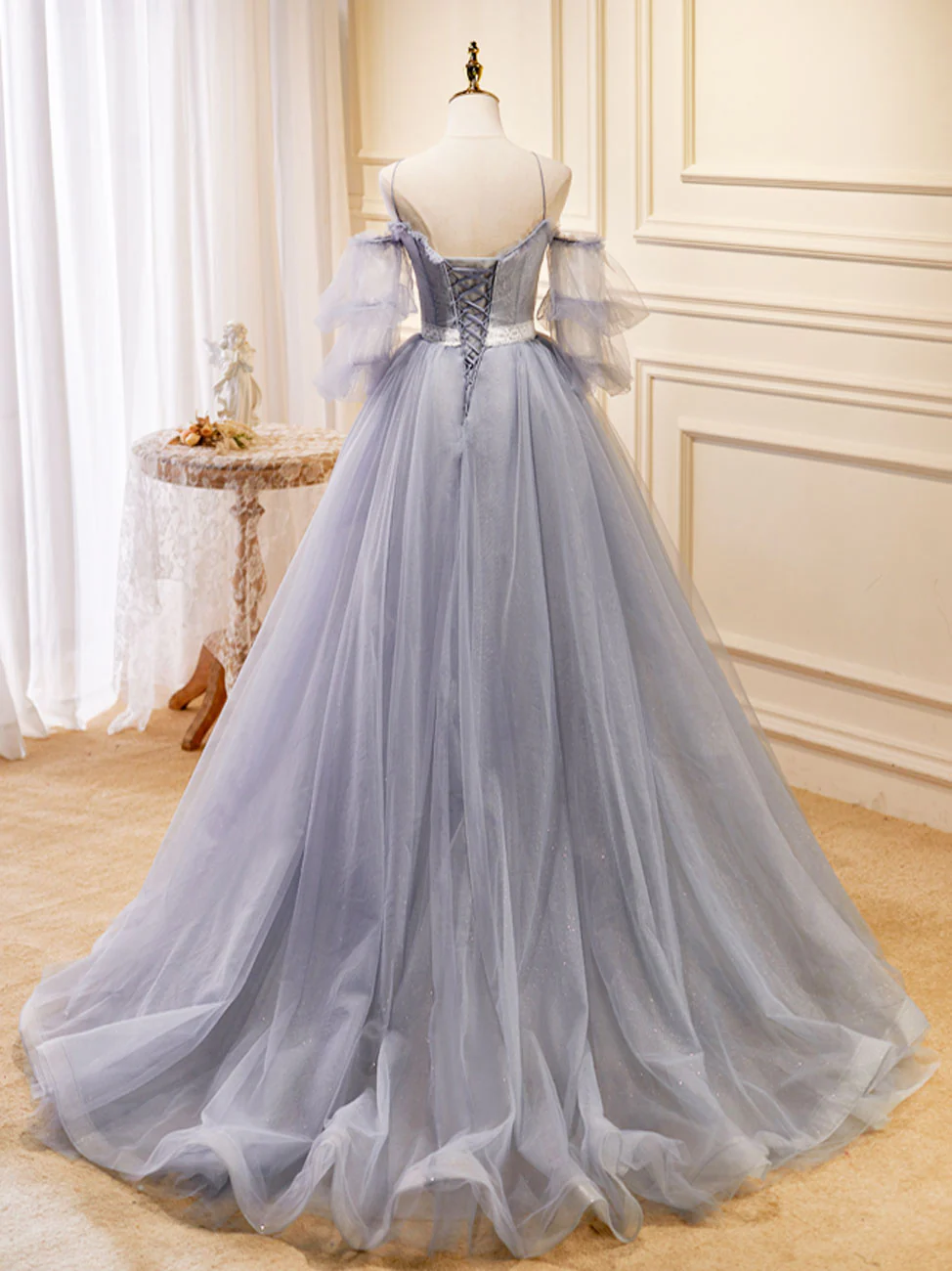 Gray Blue A-Line Tulle Lace Long Prom Dresses, Gray Blue Formal Graduation Dress - Deanwangkt