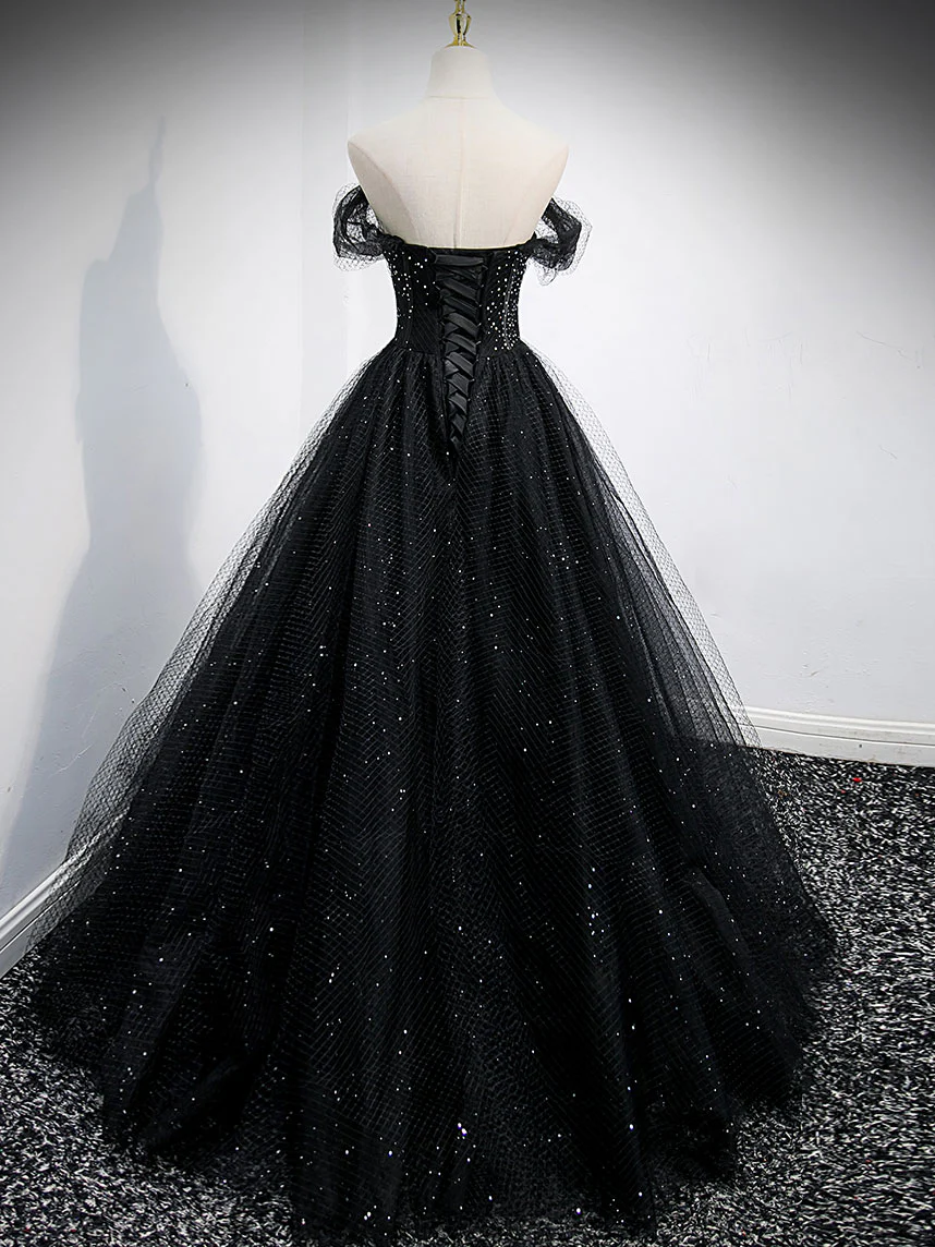 Black Sweetheart Off Shoulder Tulle Long Prom Dress, Black Evening Dress - Deanwangkt