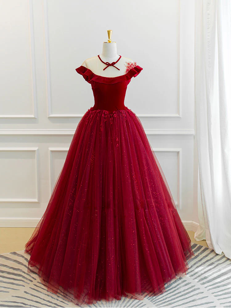 Burgundy Round Neck Tulle Lace Long Prom Dress, Burgundy Evening Dress - Deanwangkt