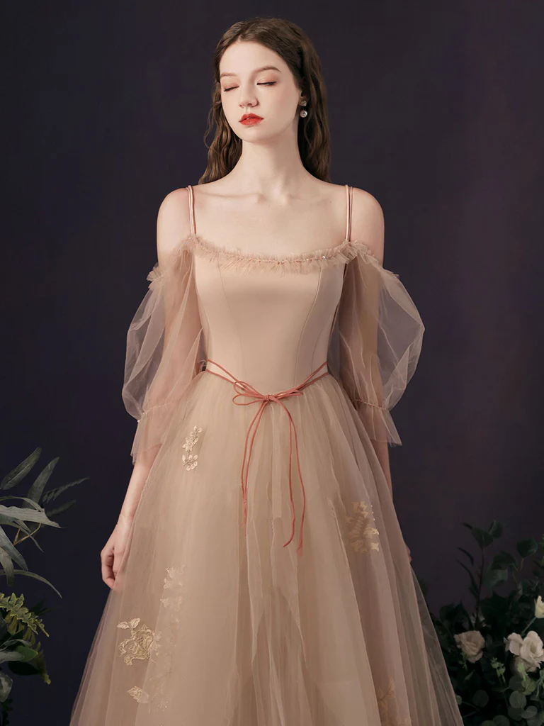 Champagne Tulle A-Line Long Prom Dress, Champagne Formal Dress - Deanwangkt