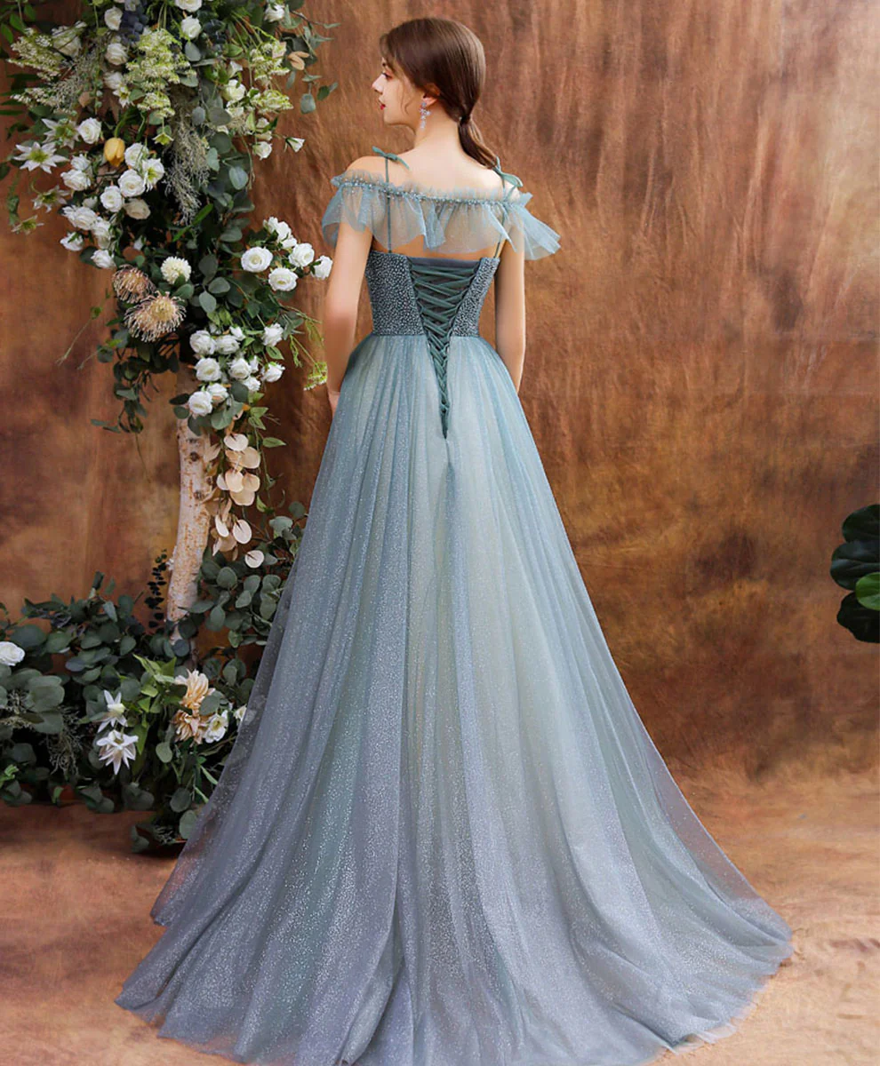 Unique Tulle Beads Long Green Prom Dress, Tulle Formal Dress - Deanwangkt