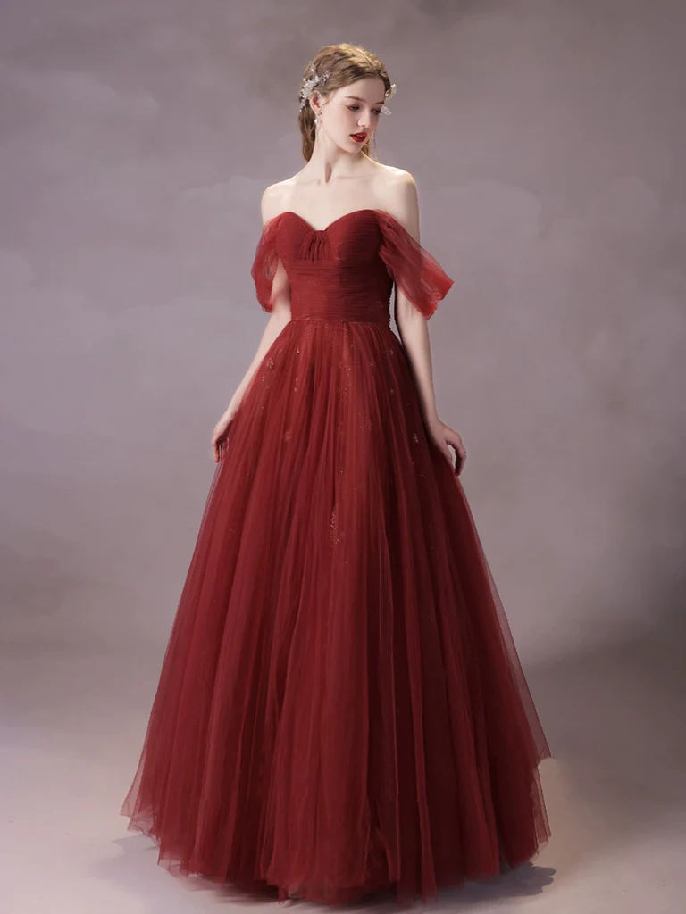 A-Line Off Shoulder Tulle Burgundy Long Prom Dress, Burgundy Long Formal Dress - Deanwangkt