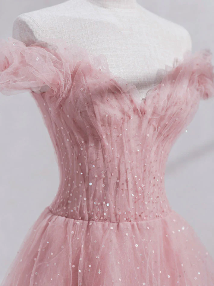 Pink Off Shoulder Tulle Tea Length Prom Dress, Tulle Formal Dress - Deanwangkt