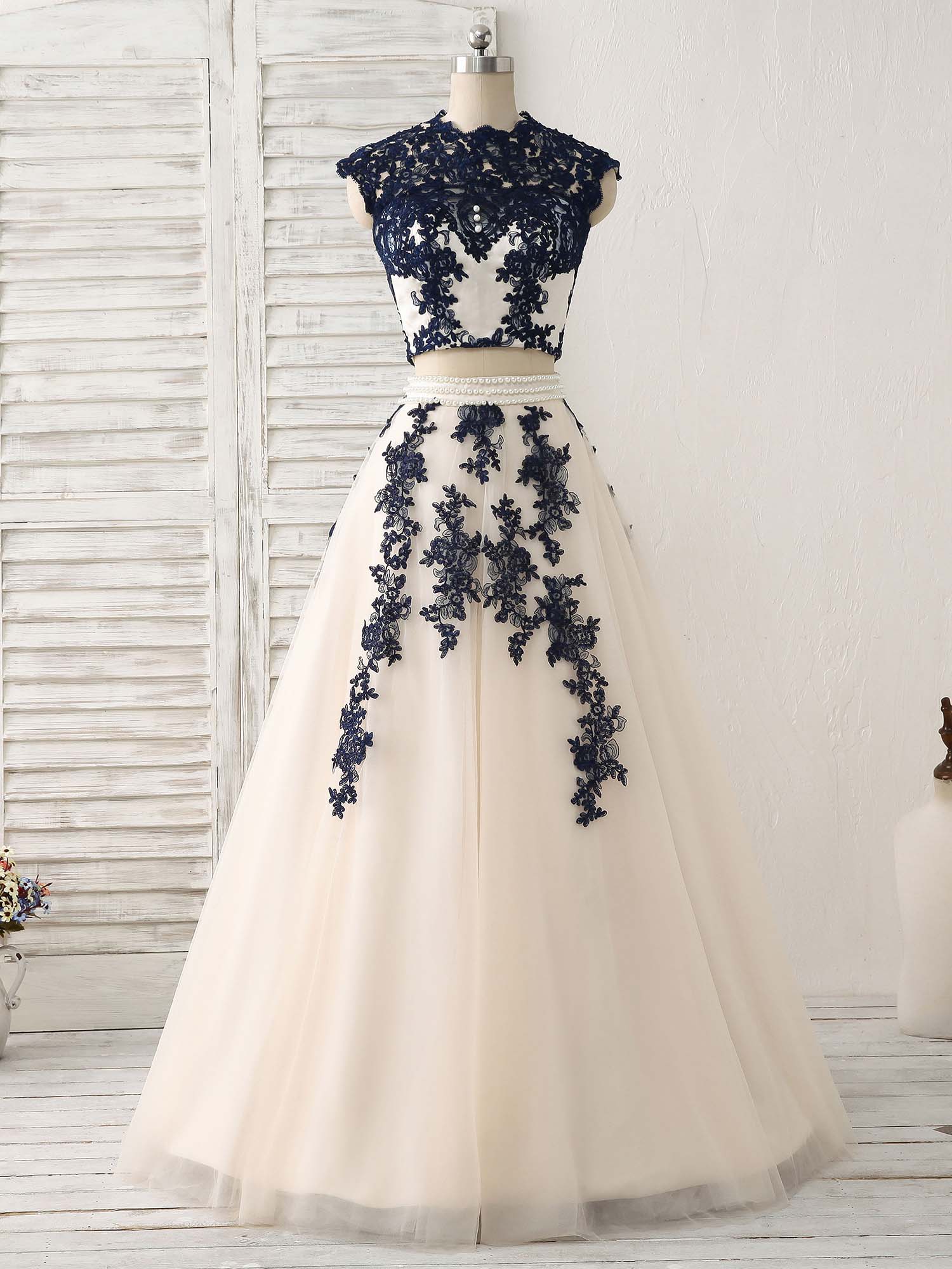 Dark Blue Two Pieces Lace Tulle Long Prom Dress Blue Evening Dress - Deanwangkt
