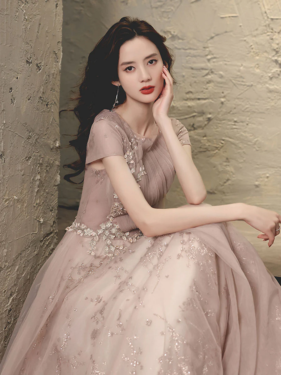 Pink Tulle Lace Long Prom Dress, Pink Tulle Formal Dress - Deanwangkt