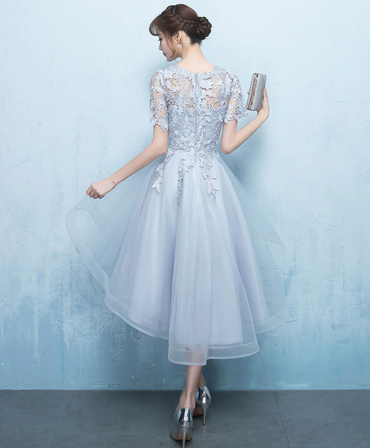 Gray Tulle Lace Applique Prom Dress, Gray Evening Dress - Deanwangkt
