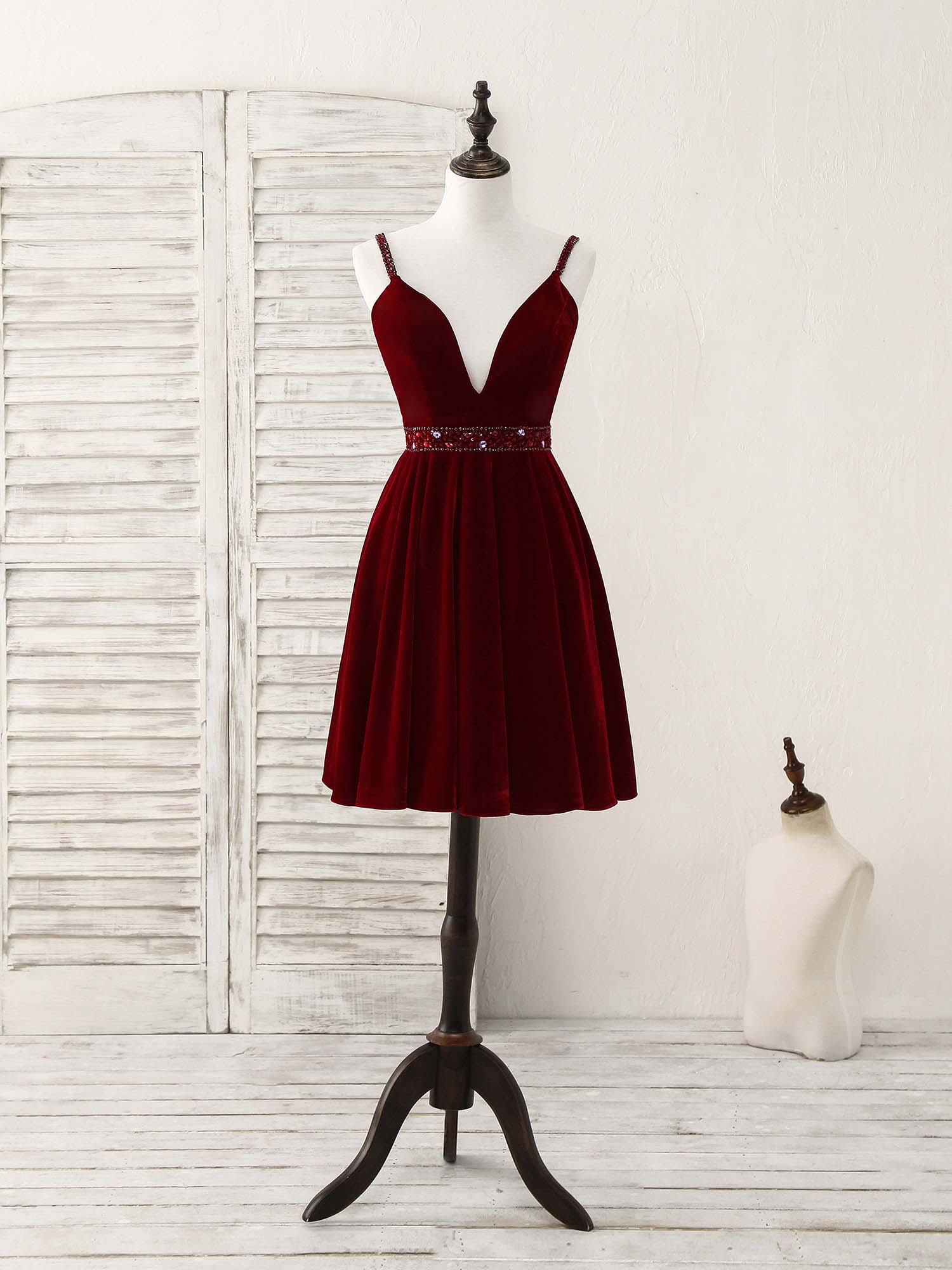 Burgundy V Neck Velvet Short Prom Dress, Burgundy Homecoming Dress - Deanwangkt