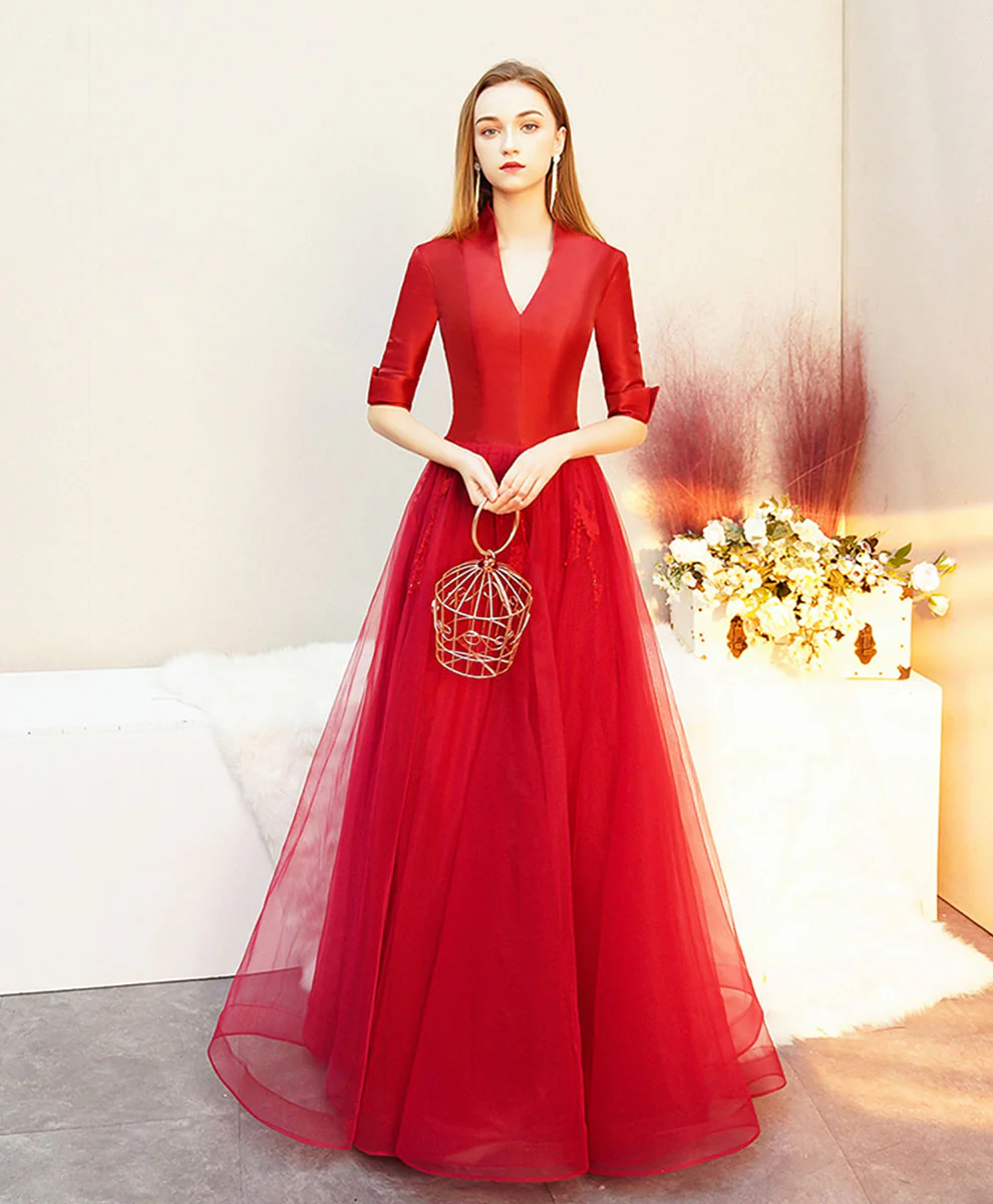 Red V Neck Satin Long Prom Dress, Red Tulle Formal Dress - Deanwangkt