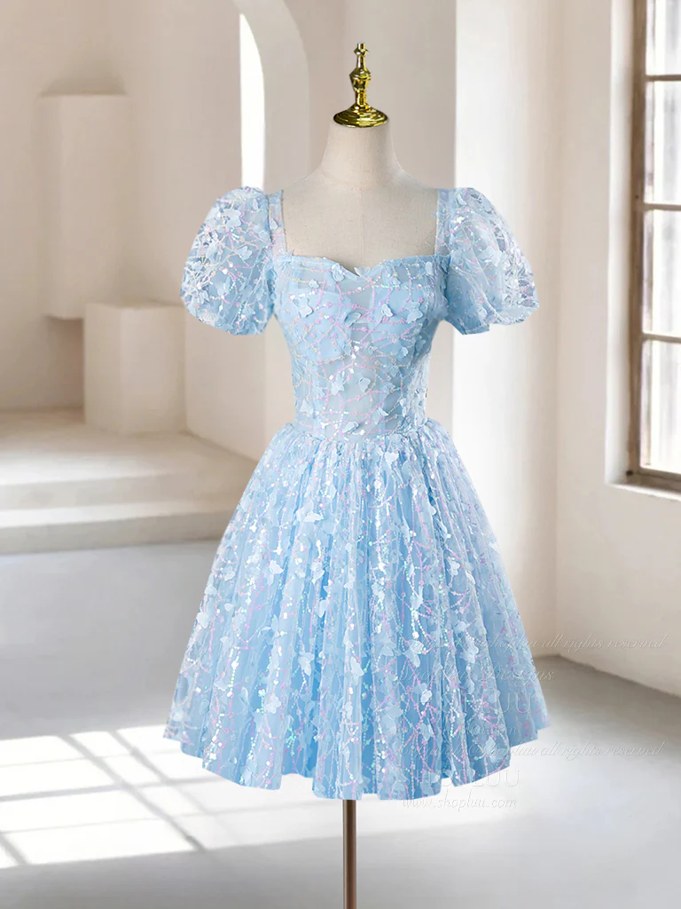 A-Line Puff Sleeves Tulle Lace Blue Short Prom Dress, Blue Homecoming Dress - Deanwangkt