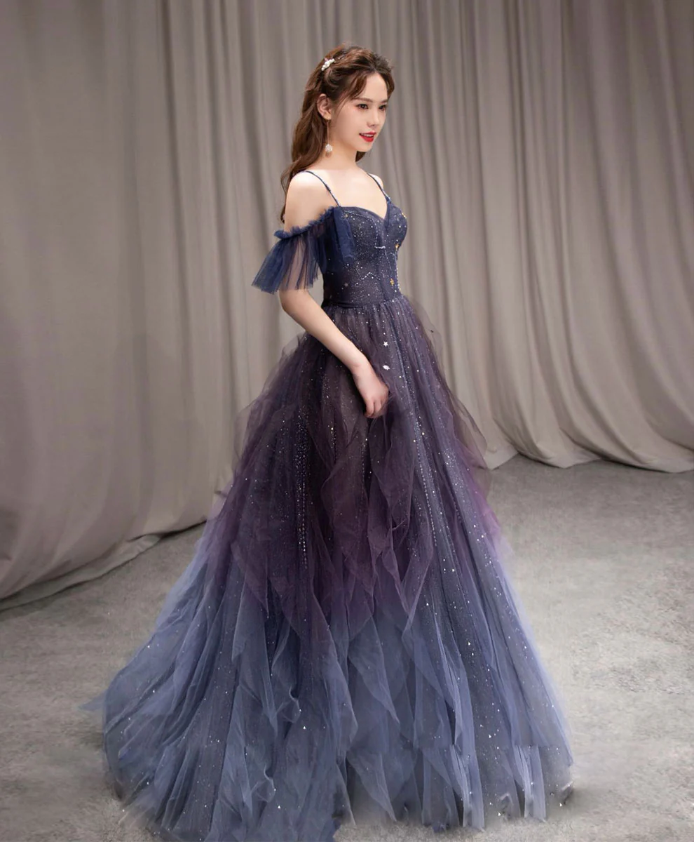 A-line Dark Purple Tulle Long Prom Dress, Purple Formal Party Dresses - Deanwangkt