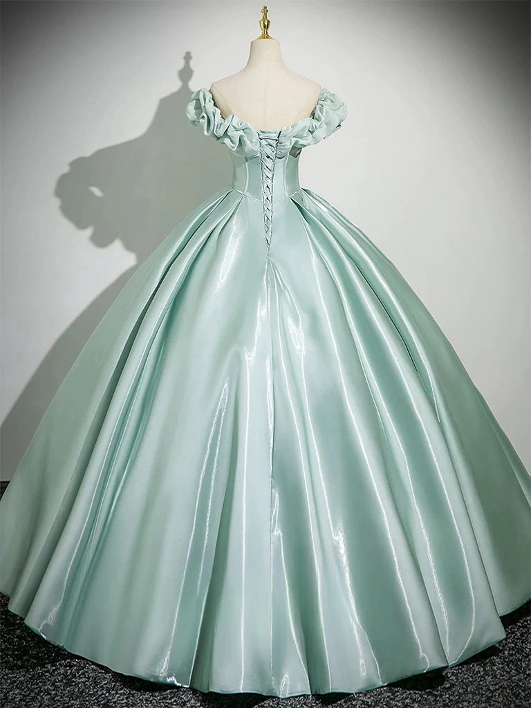 A-Line Off Shoulder Satin Mint Green Long Prom Dress, Mint Green Long Formal Dress - Deanwangkt