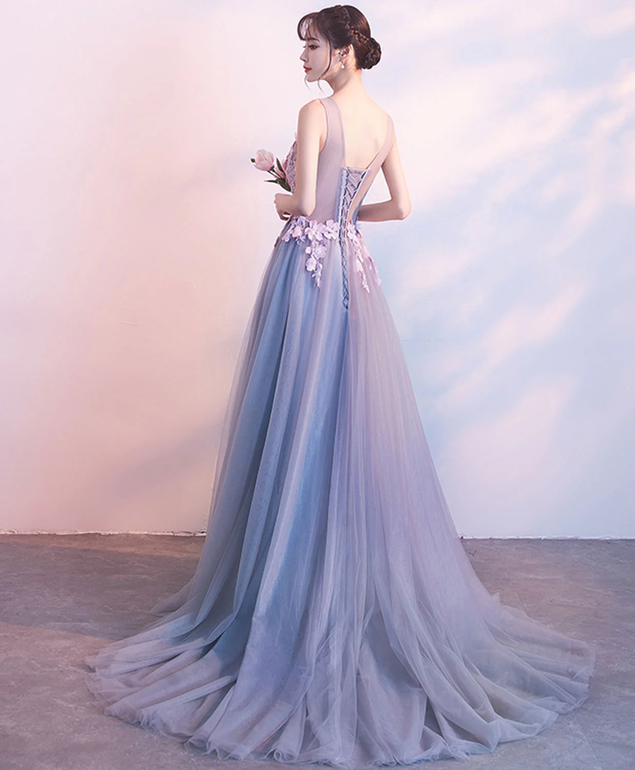 Gray Lace Tulle Long Prom Dress, Gray Evening Dress - Deanwangkt