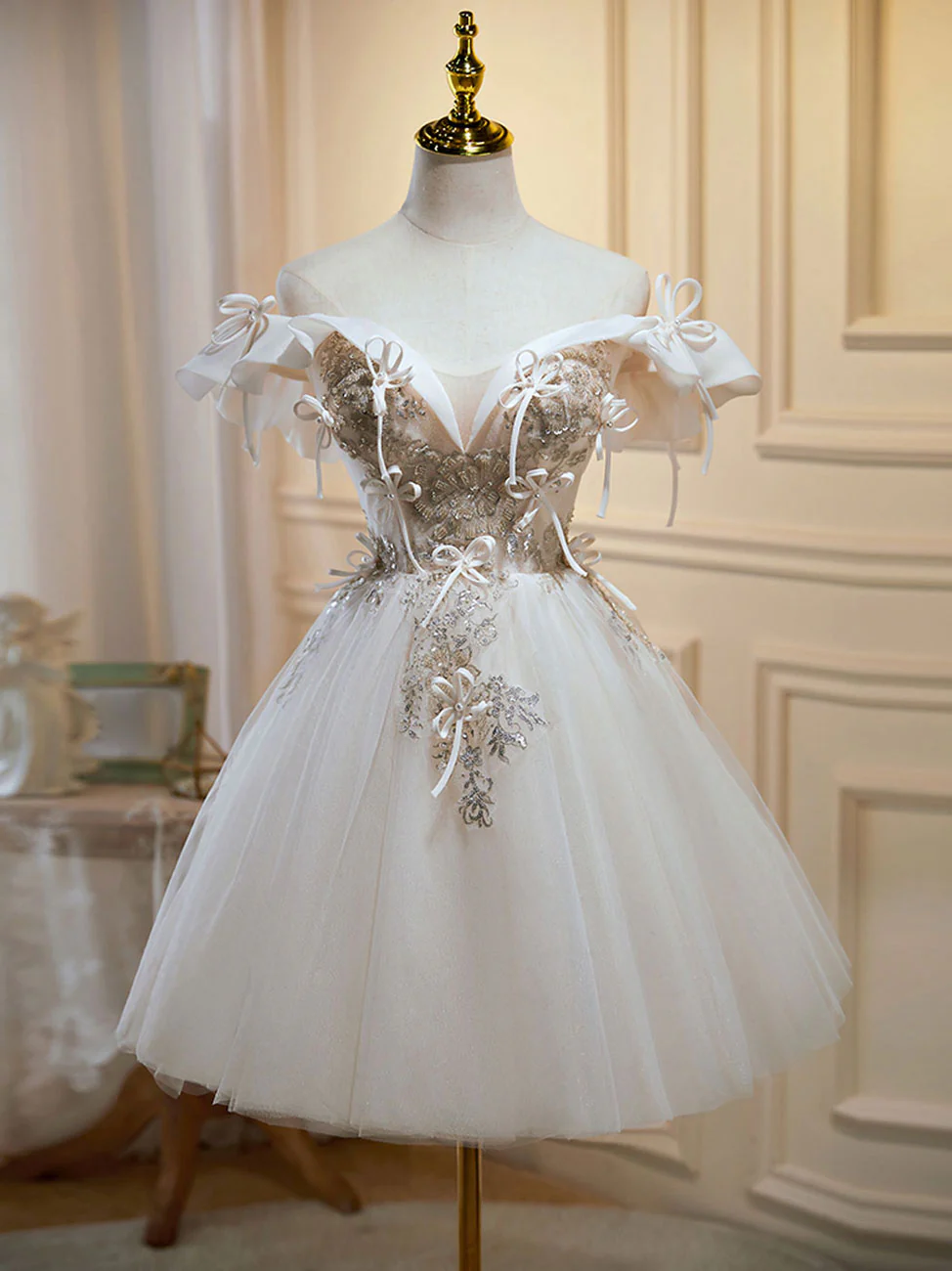 Mini/Short Light Champagne Prom Dress, Short Puffy Homecoming Dresses - Deanwangkt