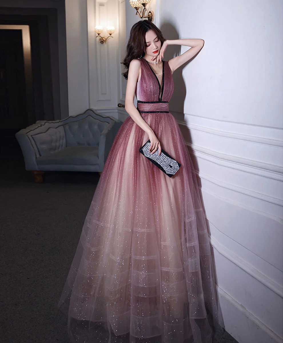 Burgundy V Neck Gradient Shiny Long Prom Dress, Burgundy Evening Dress - Deanwangkt