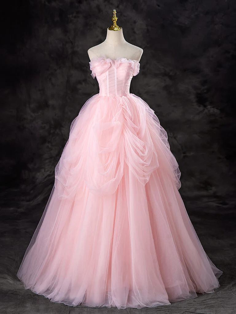 A-Line Tulle Pink Long Prom Dress, Pink Long Sweet 16 Dress - Deanwangkt