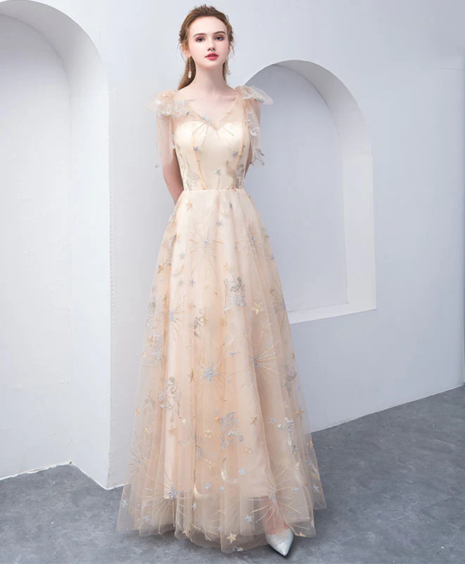 Champagne Tulle Long Prom Dress, Champagne Evening Dress - Deanwangkt