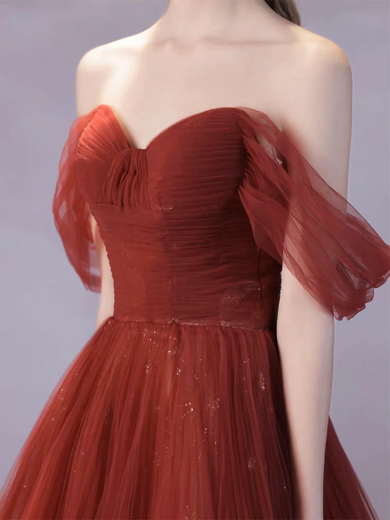 A-Line Off Shoulder Tulle Burgundy Long Prom Dress, Burgundy Long Formal Dress - Deanwangkt