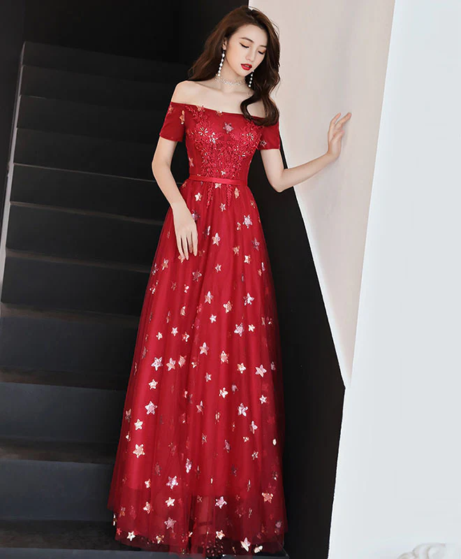 Burgundy Off Shoulder Tulle Long Prom Dress, Burgundy Evening Dress - Deanwangkt