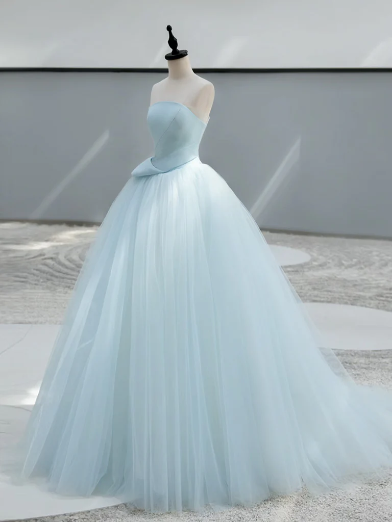 A-Line Tulle Blue Long Prom Dress, Blue Tulle Long Formal Dress - Deanwangkt
