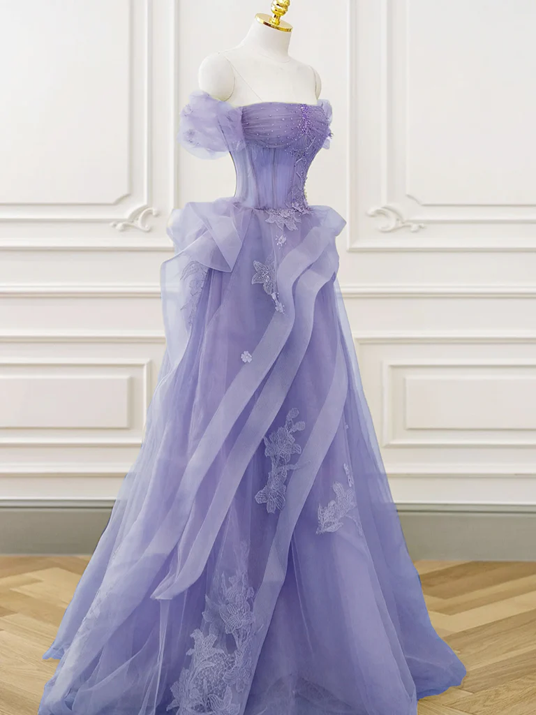 A-Line Off Shoulder Tulle Lace Purple Long Prom Dress, Purple Lace Long Formal Dress - Deanwangkt