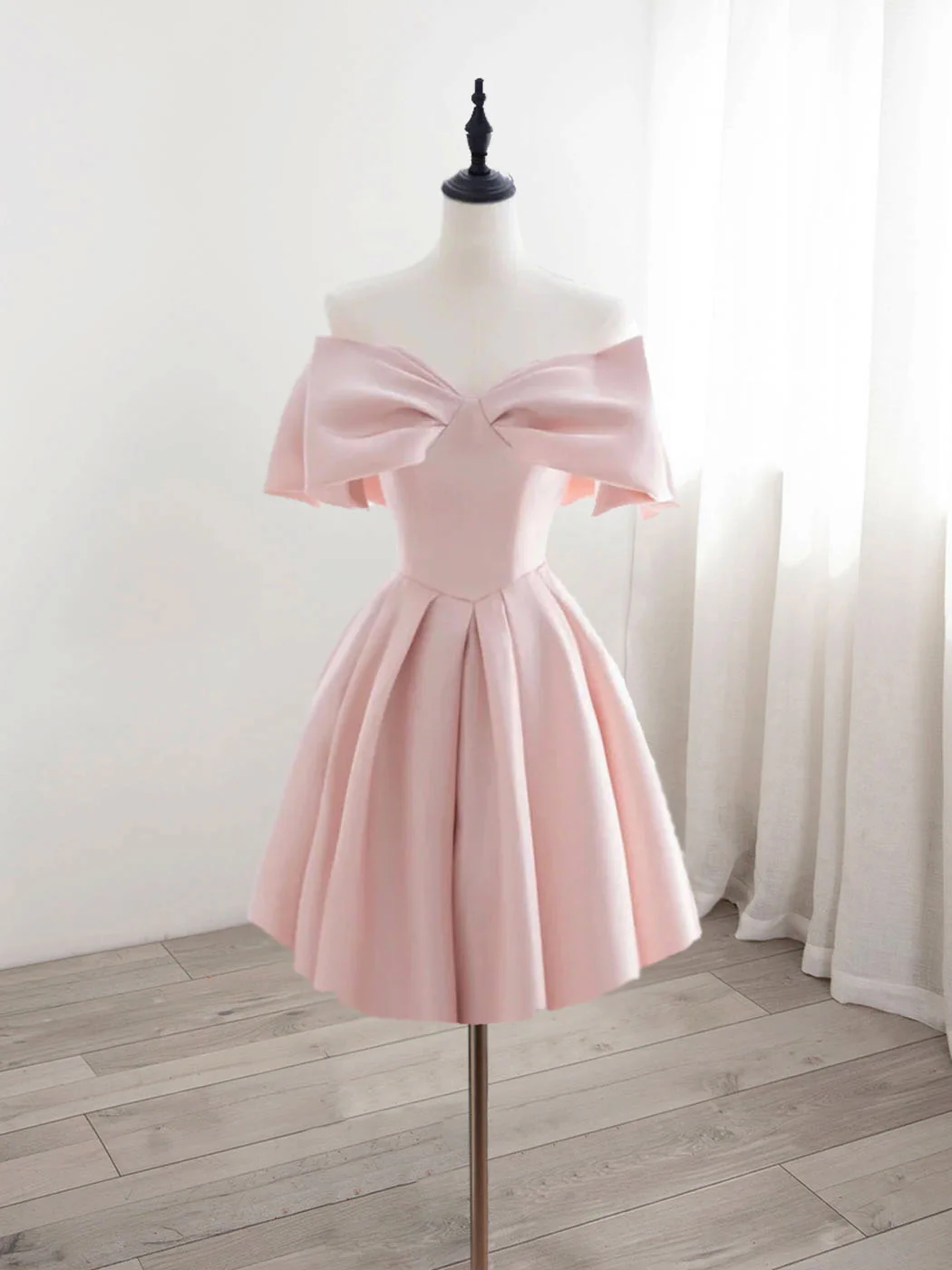 A-Line Off Shoulder Satin Pink Short Prom Dress, Pink Homecoming Dress - Deanwangkt