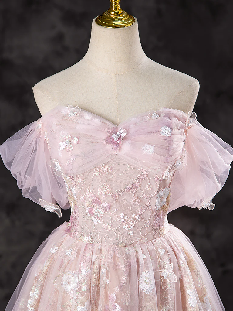 A-Line Off Shoulder Tulle Lace Pink Long Prom Dress, Lace Formal Dress - Deanwangkt