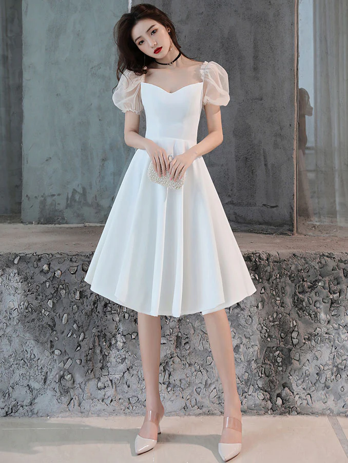 White Satin Short Prom Dress, White Homecoming Dress - Deanwangkt