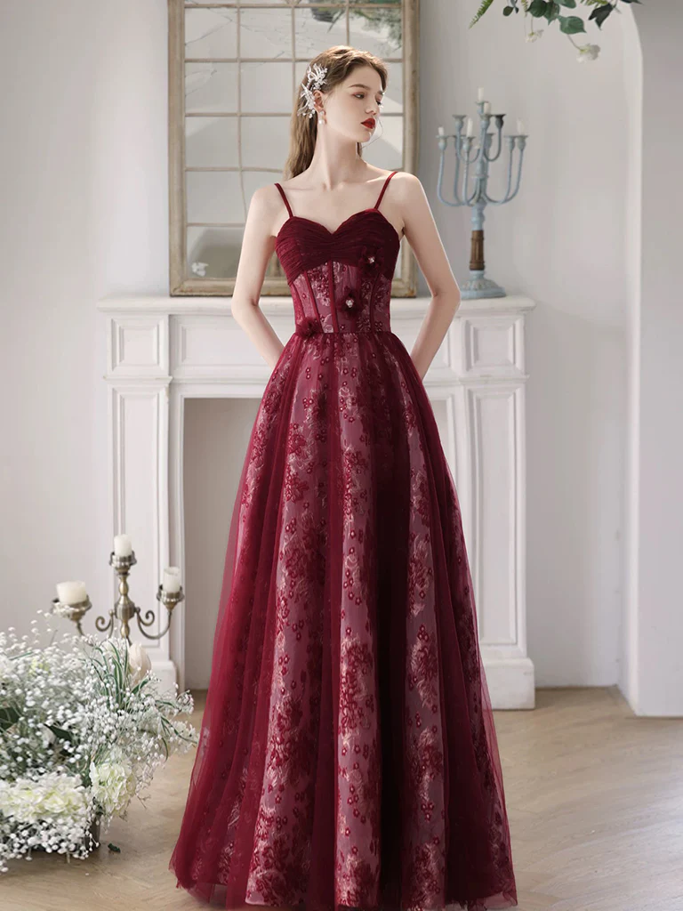A-Line Tulle Lace Burgundy Long Prom Dress, Burgundy Long Formal Dress - Deanwangkt