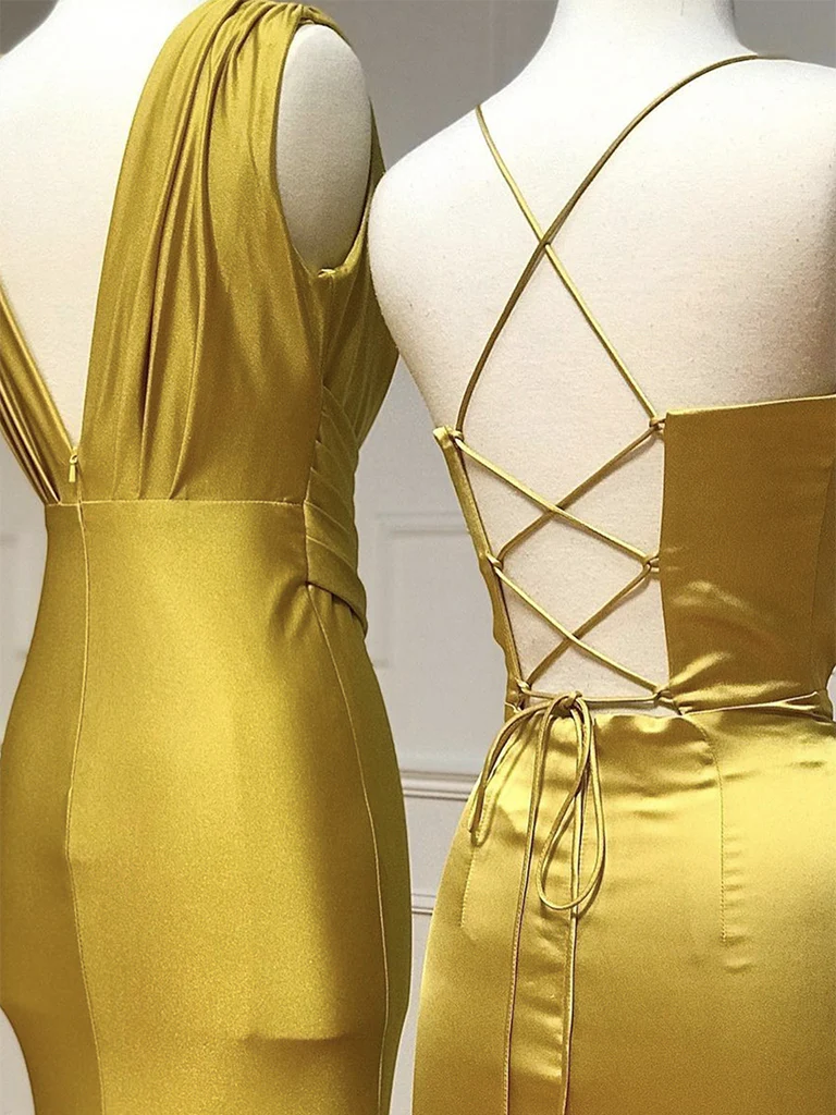 Simple Satin Gold Long Prom Dress, Gold Satin Long Formal Dress - Deanwangkt